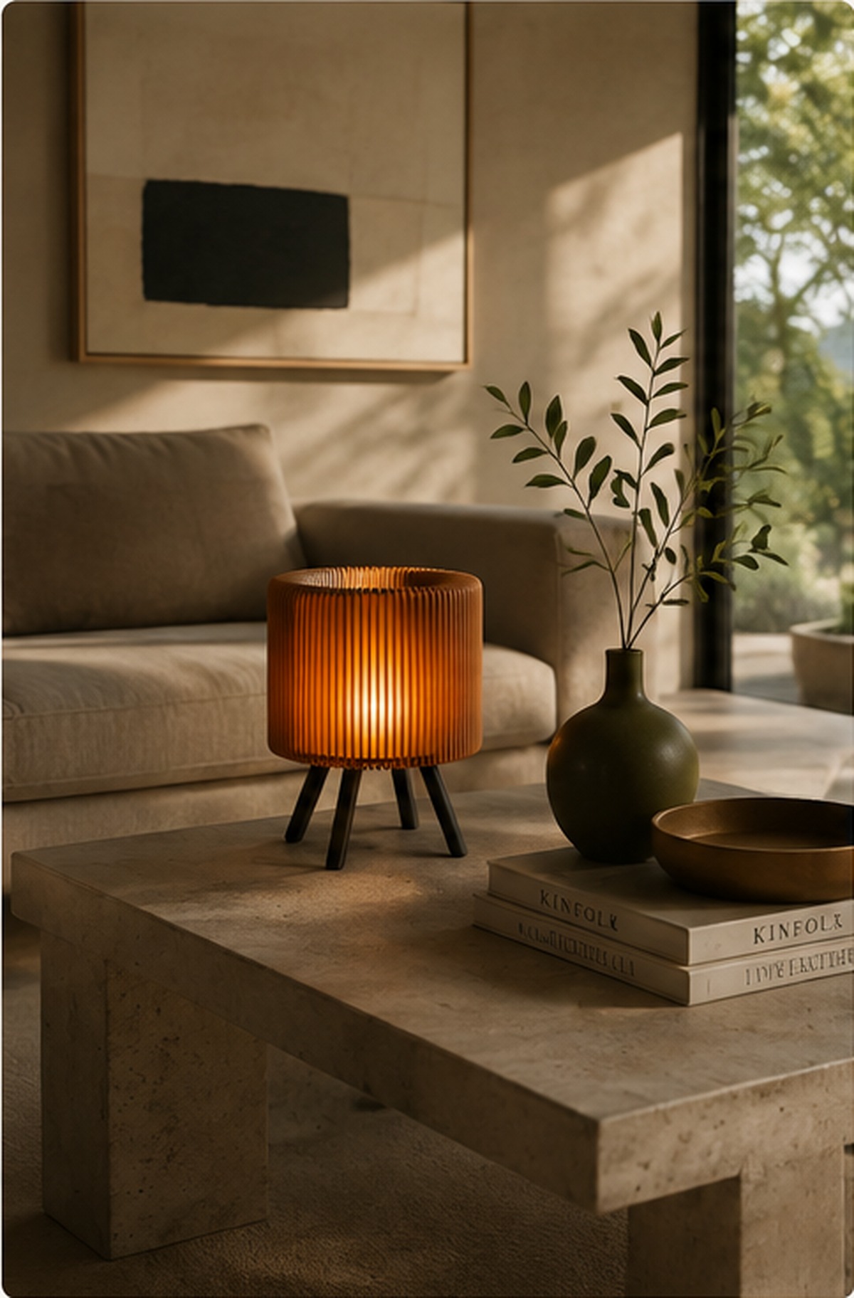 Aura Amber table lamp glowing on a concrete coffee table in a sunlit living room.