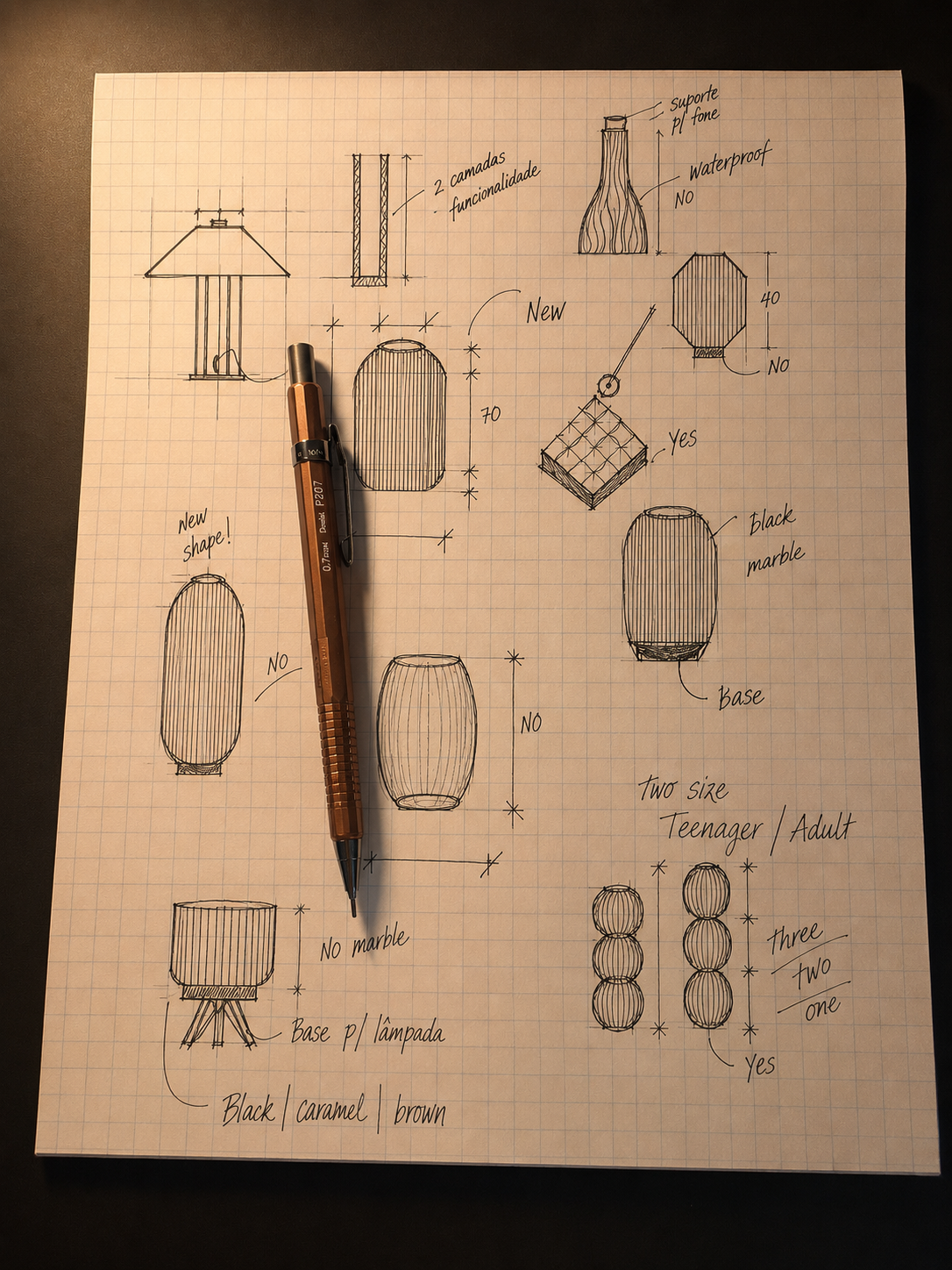 Early hand-drawn Layvra lamp design sketches on graph paper.