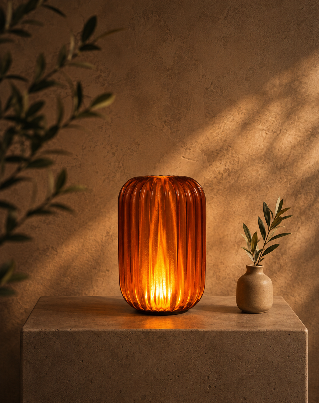 Aura Amber table lamp glowing warmly on a concrete pedestal.