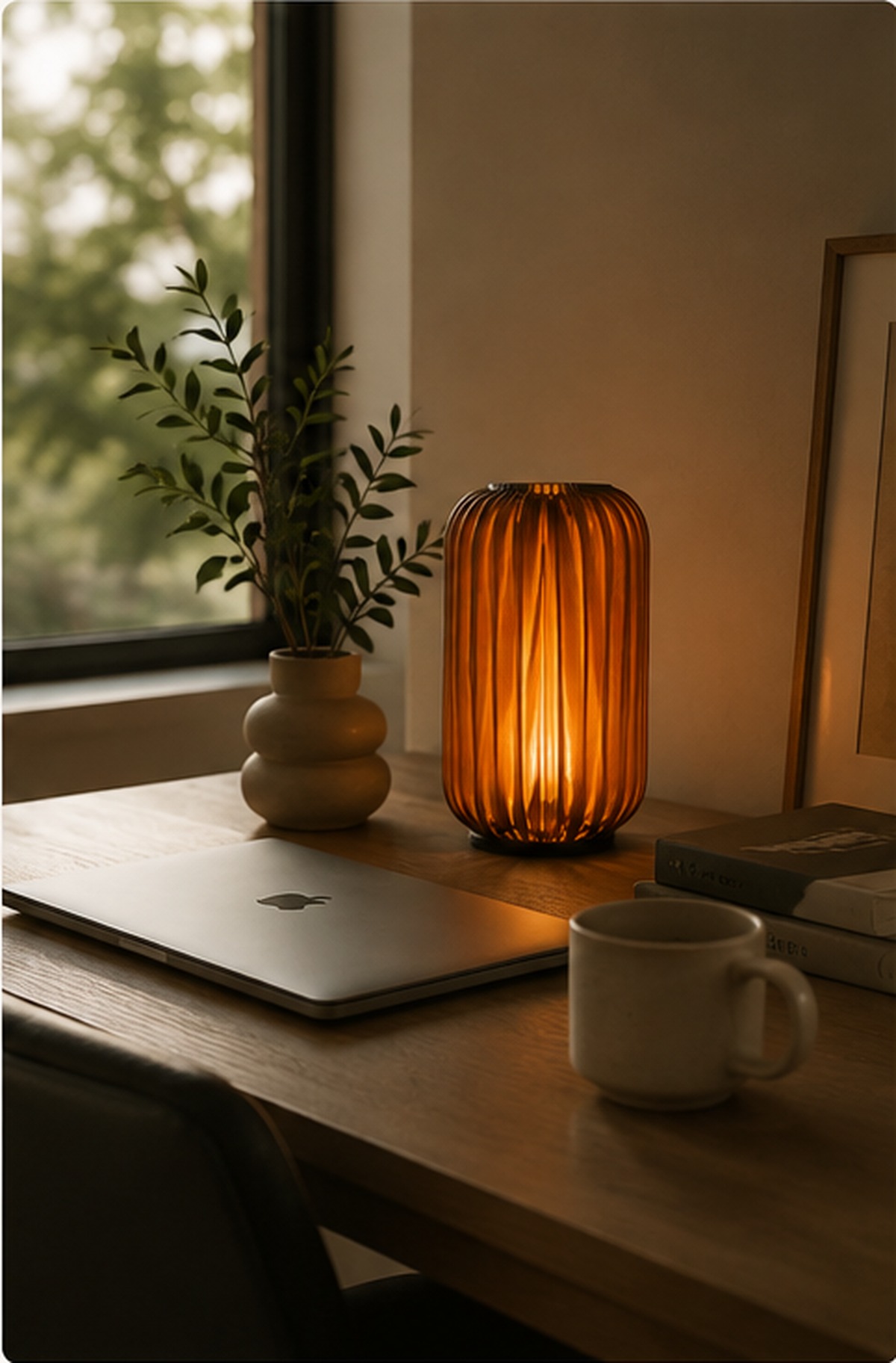 Aura Amber table lamp on a wooden desk beside a closed laptop, mug and small plant.