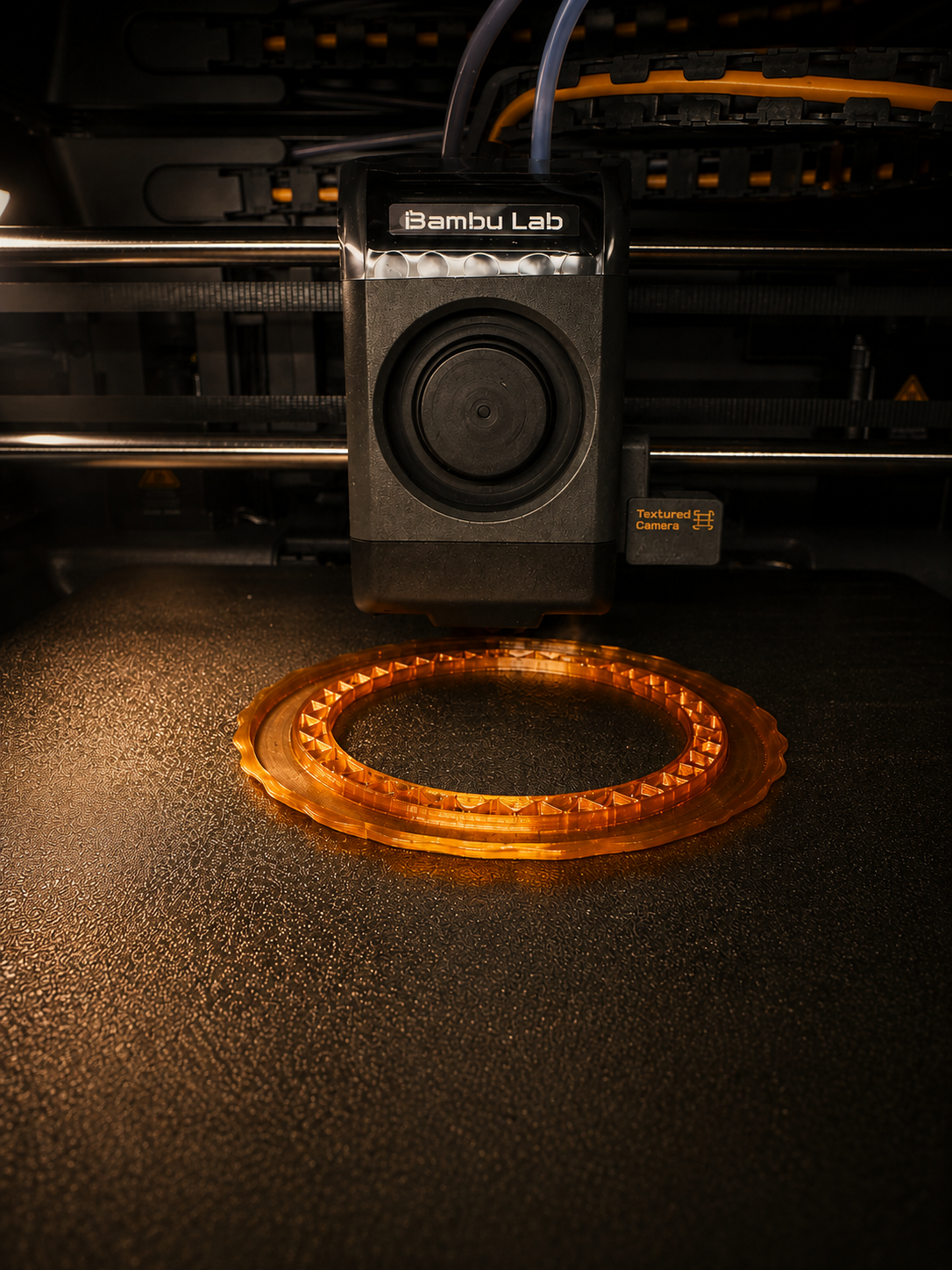 The first amber layer of a Layvra object forming on the printer bed.
