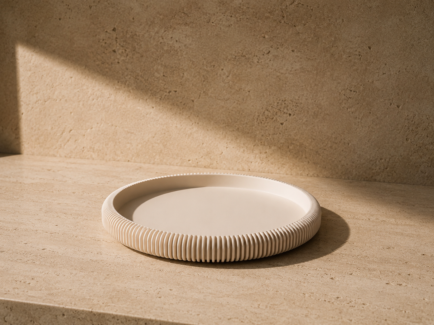 Luna round tray resting on a wooden surface.