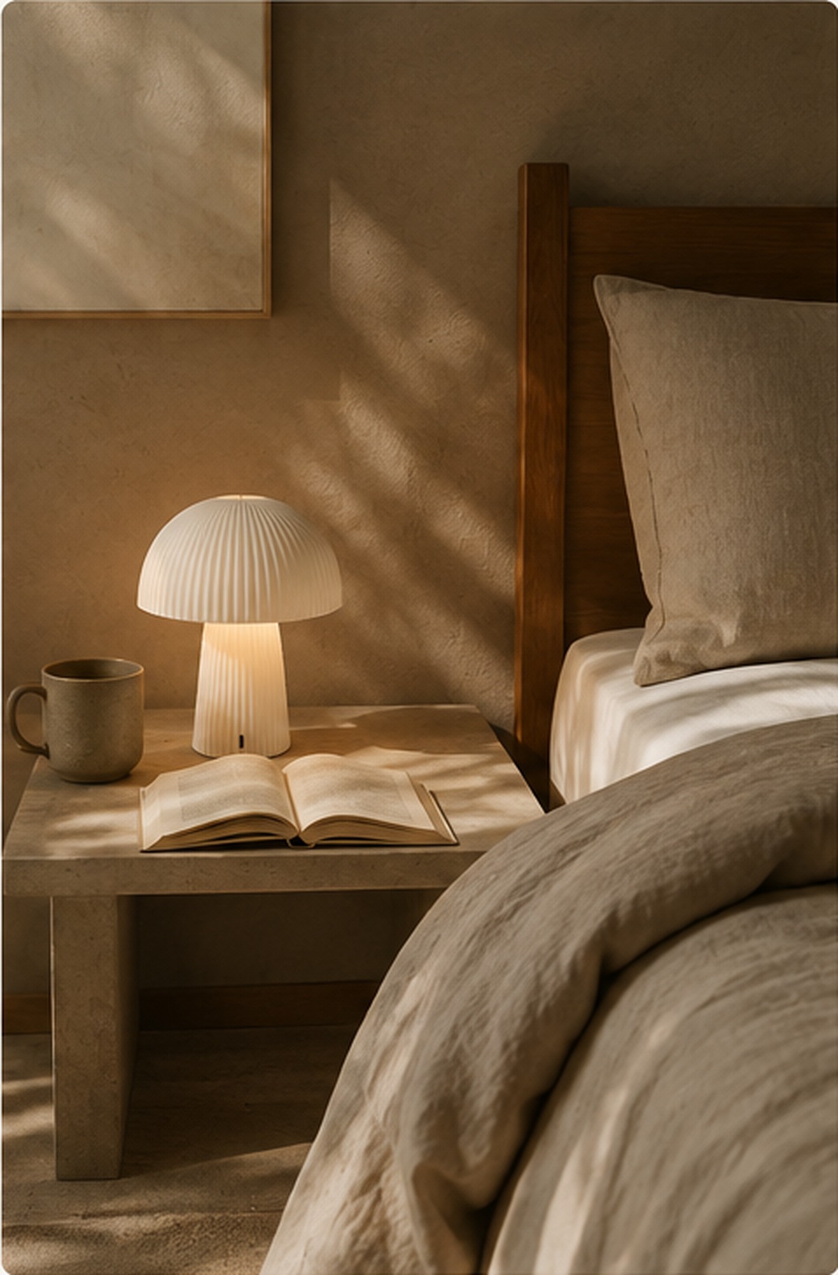 Table lamp lit softly on a bedside table beside an open book and a cup.