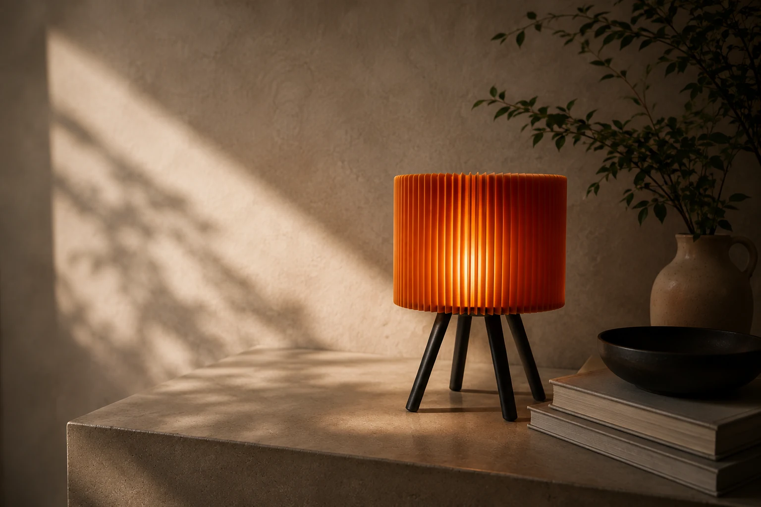 Orbit Amber table lamp glowing in a warm home interior.
